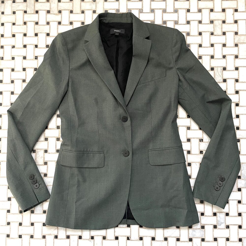 NEW Theory Classic Blazer in beautiful Stretch Wool - Olive/Gray-Size 00